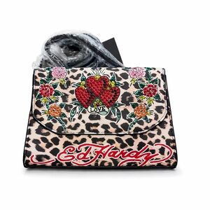 NWT Ed Hardy Leopard Rhinestone Tattoo Heart Mini Bag Skull Charm Y2K Crossbody